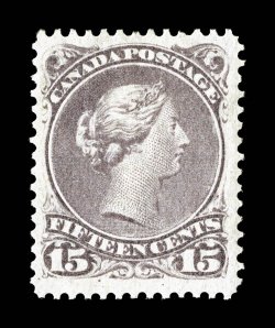 29b, 1868 15c Red lilac, exceptionally well centered within lavishly large margins, fresh color and a clean impression, full o.g., trivial h.r. and a mild gum bend, choice
very fine an impressive example of this scarce and difficult shade (Unit