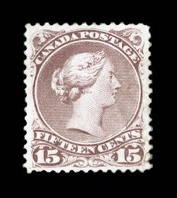 29b, 1868 15c Red lilac, unusually well centered within large margins, attractive color, disturbed o.g., choice very fine 2001 Greene Foundation certificate (Unitrade
C$2,400.00).