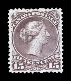29e, 1868 15c Red lilac on thin paper, an exceptional mint example of this difficult stamp, wonderfully well centered and margined, strong rich color on fresh paper, large
part o.g., extremely fine (Unitrade C$1,800.00).