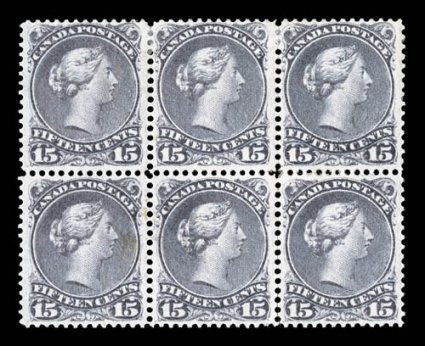 Unitrade 29iv, 1868 15c Grey violet, cracked plate, position 65 on the sheet, being the bottom middle stamp in a block of six, the variety is quite well centered, rich color,
large part o.g., a few perf. separations, very fine a scarce variety