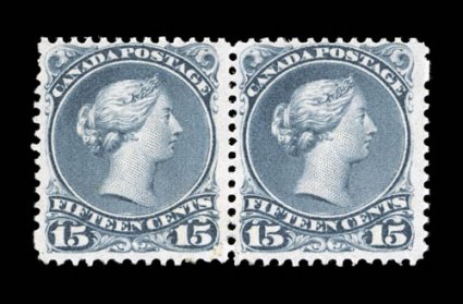 30a, 1873 15c Greenish gray, perforated 11 12x12, very scarce mint horizontal pair, quite fresh, with rich bright color, full o.g., lightly hinged, fine 2002 Greene Foundation
certificate incorrectly describing it as 29a (Unitrade C$2,800.00+