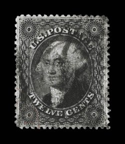 36b, 12c Black, plate III, premium quality used example, being uncharacteristically well centered within much larger margins than normally found on this difficult stamp,
particularly deep color and impression, black cancel and a bit of a red tra