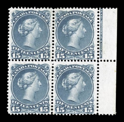 30b, 1875 15c Blue gray, right sheet-margin block of four with partial imprint, wonderfully rich color, nearly full original gum, fine (Unitrade C$600.00+).