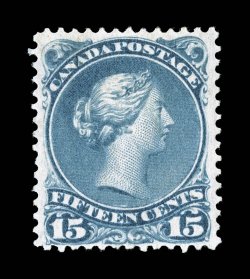 30e, 1868 15c Deep blue, another mint example of this rare stamp, rich color, fairly well centered within large margins, large part o.g. that is just slightly disturbed, tiny
trace of a thin speck, otherwise fine (Unitrade C$2,000.00).