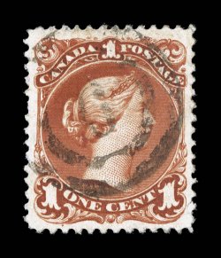 31, 1868 1c Brown red on laid paper, a highly collectable used example of this rare stamp, extraordinarily well centered within very large margins which are almost never seen
on the Laid Paper stamps, intensely rich color and impression, small f