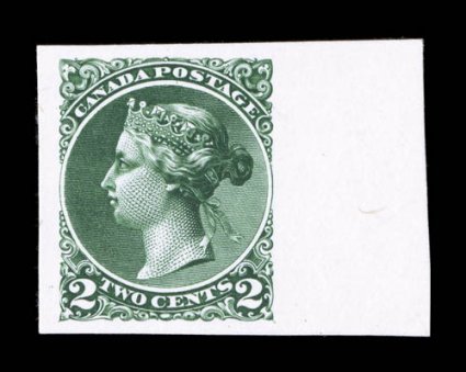 1c-3c Queen Victoria Head plate essays, six essays, two 1c Yellow (one on India, one on card), 2c in Dark blue and green (latter sheet-margin single on card) and 3c in Neutral
gray on white glazed paper and another 3c Orange, all with large margi
