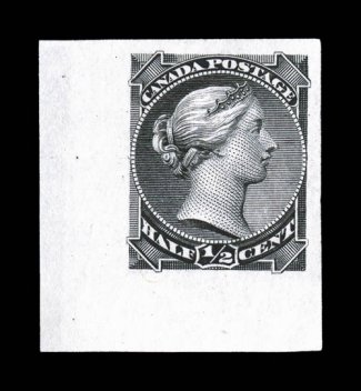 34P, 1882 12c Black, plate proof on India, bottom left corner margin single, with other two margins also large, exceedingly fresh, extremely fine a striking example of this
elusive proof.