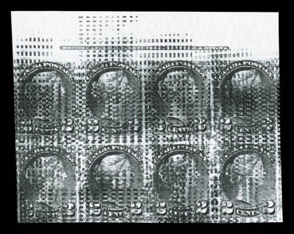 36P, 2c Black plate proof from the defaced plate, top margin imprint block of eight, with defacing marks to verify this plates destruction, light horizontal crease at the
bottom, otherwise very fine probably a unique imprint block, as only o