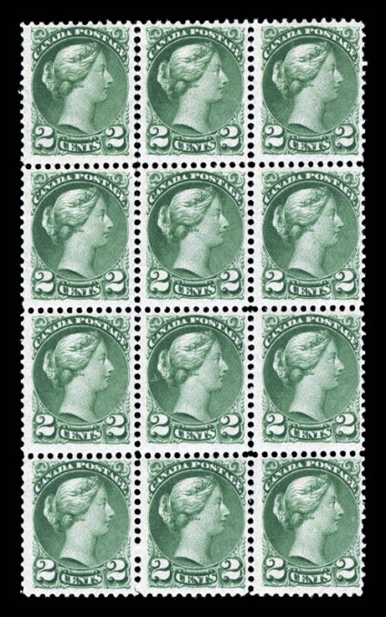 36, 1872 2c Green, Ottawa printing, attractive mint block of twelve (3x4), well centered, rich bright colors, o.g., top three stamps lightly hinged, other nine stamps never
hinged, a few perf. separations at top, very fine (Unitrade 36i C$2,25