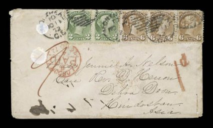36, 39, 1872 2c Green and 6c Yellow brown, horizontal pair of the former, horizontal pair and single of the latter, tied by Montreal c.d.s. and matching grids on 1872 cover to
India (Hindostan), red London transit, Sea Post Office and Indi