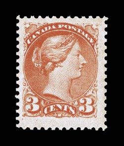 37, 1873 3c Orange red, well centered within huge margins, warm rich color, o.g., never hinged, choice very fine (Unitrade C$450.00).