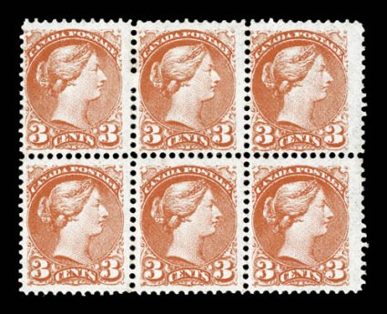 37, 1873 3c Orange red, mint block of six (3x2), bright color, o.g., lightly hinged, fine-very fine (Unitrade C$780.00+).