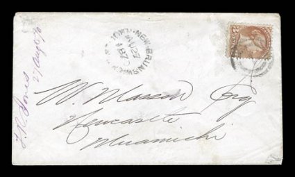 37d, 1870 3c Copper red, perforated 12 12, single tied by two-ring 1and matching St. Johns c.d.s on 1870 cover to Newcastle (backstamped), stamp with strong color, cover with
slight edge wear, fine and scarce (Unitrade C$1,600.00).