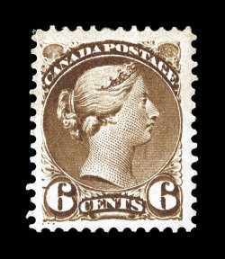 39, 1872 6c Yellow brown, well centered amid uncommonly large margins, strong color, o.g., very fine (Unitrade C$900.00).