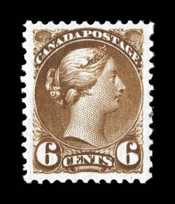 39b, 1873 6c Yellow brown, perforated 11 12x12, excellent color that is uncommonly bright and rich, fresh paper, well centered within large margins, part o.g., very fine
(Unitrade C$1,200.00).