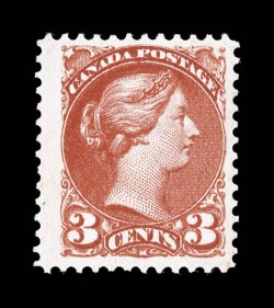 41a, 1888 3c Rose carmine, pristine mint example of this scarce shade, brilliantly rich color and a clean impression, well centered within large margins, unblemished o.g.,
never hinged, very fine (Unitrade C$1,800.00).