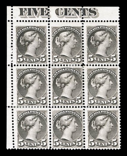 42, 1888 5c Gray, top left corner margin FIVE CENTS imprint block of nine, with the top left stamp showing prominent plate scratches, rich color, full o.g., a few h.r.s, fine
and attractive position block (Unitrade C$720.00+).