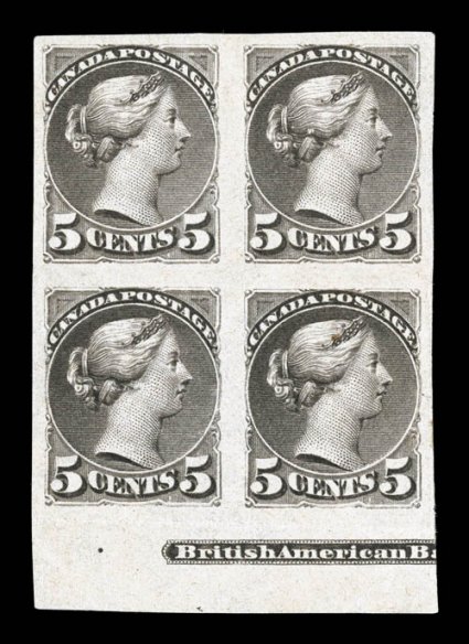 42a, 1895 5c Brownish gray, imperforate, bottom margin partial imprint block of four, large even margins, fresh color, o.g., top pair lightly hinged, bottom pair never hinged,
a few mild gum bends, horizontal crease in the bottom margin, otherwi