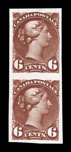 43b, 1895 6c Red brown, imperforate, vertical pair, large margins all around, deep intense color, o.g., h.r., very fine (Unitrade C$750.00).
