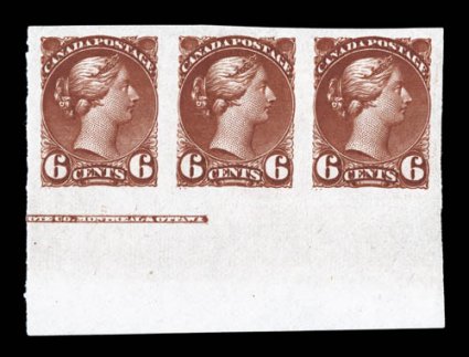 43b, 1895 6c Red brown, imperforate, bottom margin partial imprint strip of three, other margins quite large, rich vibrant color and a sharp impression, o.g., some gum skips,
extremely fine cataloged simply as a pair (Unitrade C$750.00).
