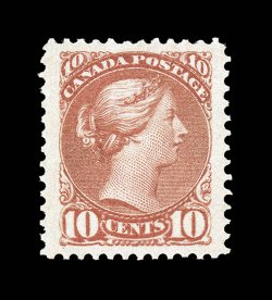 45a, 1889 10c Dull rose, a precision centered mint single amid extraordinarily large margins, gorgeous color and quite bright for this shade, plus a crisp impression and nice
perforations all around, full o.g., extraordinarily lightly hinged, ex