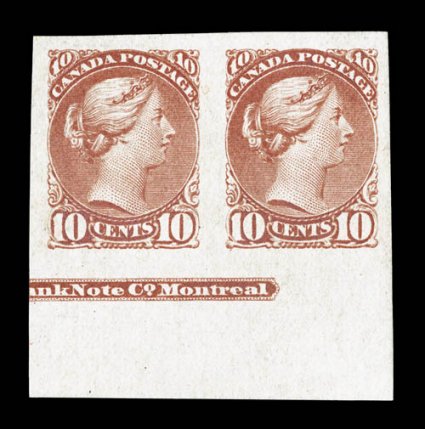 45c, 1897 10c Brown red, imperforate, bottom margin partial imprint pair, other three margins exceptionally large, attractive color, o.g. lightly hinged, extremely fine
(Unitrade C$750.00).