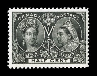 50, 1897 12c Jubilee, choice mint single, exceptionally well centered within uncharacteristically wide margins, deep rich color, o.g., n.h., extremely fine 2006 Richard
Gratton certificate (Unitrade C$450.00).