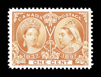51, 1897 1c Jubilee, exceedingly well centered within uncommonly large margins, wonderfully bright and fresh, pristine o.g., n.h., extremely fine gem (Unitrade
C$90.00).