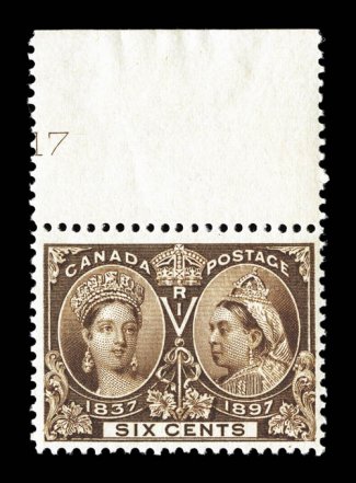 55, 1897 6c Jubilee, pristine top sheet-margin mint single, prooflike color and impression, well centered, o.g., stamp n.h. (hinged in selvage only), very fine and choice
(Unitrade C$900.00).