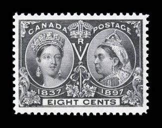 56, 1897 8c Jubilee, an outstanding mint single that is extraordinarily well centered within very large margins, deep intense color and a highly detailed impression on fresh
paper, o.g., n.h., trivial natural gum bends, extremely fine and choice