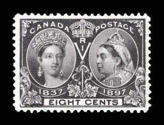 56, 1897 8c Jubilee, premium quality mint single, excellent centering, rich color and a crisp detailed impression, unblemished o.g., n.h., extremely fine 2006 Richard Gratton
certificate (Unitrade C$540.00).