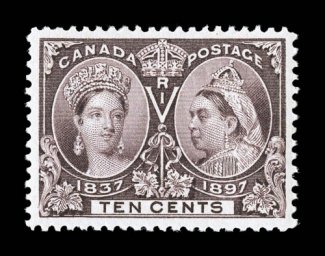 57, 1897 10c Jubilee, exceptionally well centered amid uncharacteristically large margins, deep intense color and a strong vivid impression, o.g., n.h., an extremely fine gem
1992 Greene Foundation certificate (Unitrade C$540.00).