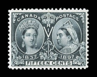 58, 1897 15c Jubilee, extraordinarily well centered, deep color and an intense impression on fresh paper, o.g., n.h., extremely fine 2003 PF certificate (Unitrade
C$1,200.00).