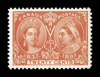59, 1897 20c Jubilee, a fantastic jumbo-margined mint single, sporting remarkably large margins for this value and nearly perfectly within them, post office fresh, with deep
radiant color on immaculate white paper, o.g., n.h., extremely fine
