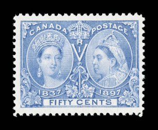 60, 1897 50c Jubilee, an impressively margined mint example, featuring considerably larger margins than typically seen and being exceptionally well centered within them,
bright fresh color, immaculate o.g., n.h., extremely fine and striking 198