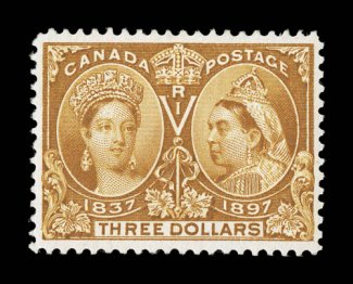 63, 1897 $3.00 Jubilee, a highly desirable mint example, possessing a wonderful overall freshness, with beautiful rich color and a well incised impression, remarkably well
centered as well, fresh clean o.g., never hinged, extremely fine a rare