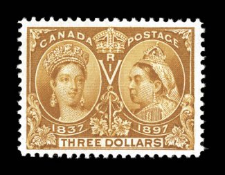 63, 1897 $3.00 Jubilee, premium quality mint single, possessing lovely bright color and a prooflike impression on especially clean paper, exceptionally well centered and
margined, o.g., lightly hinged, very fine and exceedingly choice (Unitrade