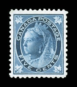 70, 1897 5c Dark blue on bluish Maple Leaf, excellent centering within uncommonly large margins, deep rich color, o.g., n.h., extremely fine and quite choice 2003 Greene
Foundation certificate (Unitrade C$600.00).