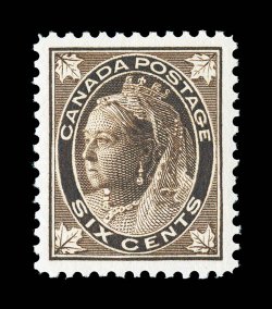 71, 1897 6c Brown, Maple Leaf, an eye-catching mint single, possessing extraordinarily large and wonderfully well balanced margins all around, plus its color is rich and
luxuriant, while its impression is highly detailed, pristine o.g., n.h.,