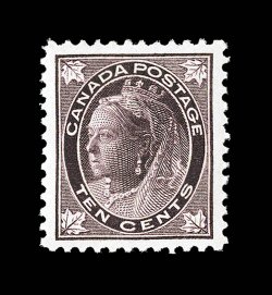 73, 1897 10c Brown violet Maple Leaf, a most impressive mint example of this key high value, possessing strikingly deep rich color and a prooflike impression on immaculate
white paper, in addition it is marvelously well centered within uncommo