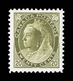 84, 1900 20c Olive green Numeral, a superlative mint single, being fabulously well centered within extravagantly large margins, plus its color is incredibly rich while its
impression is razor sharp on bright white paper, o.g, never hinged, ext