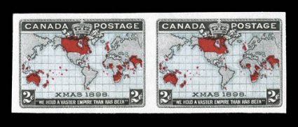 85a, 1898 86a, 2c Black, lavender & carmine, and 2c Black, blue & carmine, imperforate Imperial Penny Postage, without gum as issued, horizontal pairs of each color, large
margins, fresh color, very fine-extremely fine (Unitrade C$1,400.00).