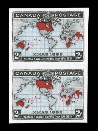 85a, 1898 86a, 2c Black, lavender & carmine, and 2c Black, blue & carmine, imperforate Imperial Penny Postage, without gum as issued, vertical pairs of each color, large even
margins all around, bright colors, extremely fine (Unitrade C$1,400.00