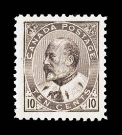 93, 1903 10c Brown lilac KEVII, marvelously well centered example, extravagantly large margins, strong fresh color and razor-sharp impression, unblemished o.g., n.h.,
extremely fine and gem example of this scarce higher value 1998 Greene Found
