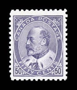 95, 1908 50c Purple KEVII, a striking gem quality mint example of this high value, wonderfully bright and fresh, with rich luxuriant color and a razor-sharp impression on
bright white paper, well centered within extra-large margins, unblemished