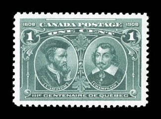97, 1908 1c Quebec Tercentenary, an essentially perfect single, possessing mathematically precise centering amid extravagantly large margins, intensely rich color, immaculate
o.g., never hinged, extremely fine a relatively common stamp in a m