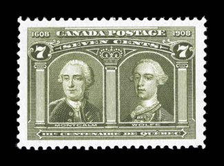 100, 1908 7c Quebec Tercentenary, a magnificent mint single in a quality that very few can compare, being perfectly centered amid remarkably large margins all around,
beautiful rich color and a clean impression on immaculate white paper, pristin