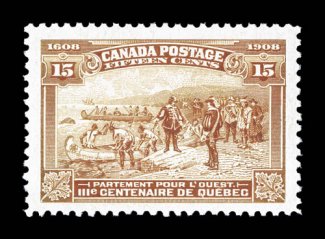102, 1908 15c Quebec Tercentenary, wonderfully well centered within incredibly large margins, warm rich color, unblemished o.g., n.h., extremely fine actually a very difficult
stamp to find in this gem never hinged condition 2000 PF certificat