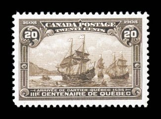 103, 1908 20c Quebec Tercentenary, uncharacteristically well centered within large margin, deeply rich color and a well incised impression, o.g., n.h., extremely fine
(Unitrade C$1,200.00).