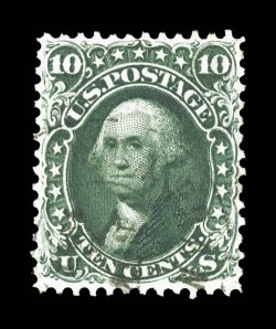 62B, 10c Dark green August, a spectacular quality used example of this notoriously difficult stamp, possessing centering as perfect as we have ever seen on this typically
poorly centered stamp, with its perforations well clearing the design al